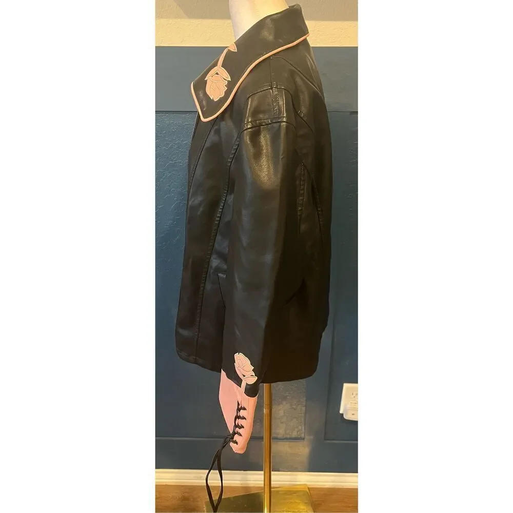 Maixang Oversized Faux Leather Embroidered Jackets Zip Up Motorcycle Coats